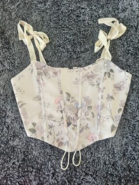 Lulu's Cream Floral Tie-Shoulder Corset Crop Top with Pastel Blooms